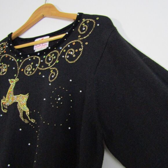 Quaker Factory Women's Sweater Large Black Christmas Beaded Embroidery Holiday - Picture 5 of 13